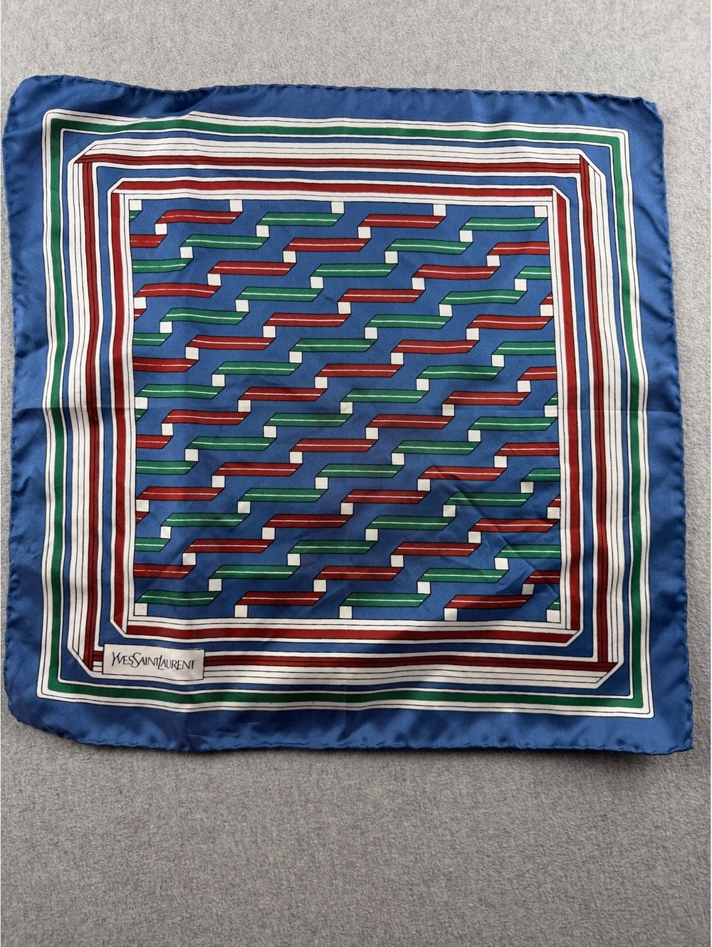 Vintage Yves Saint Laurent YSL Silk Scarf Blue Red Green Geometric 34”